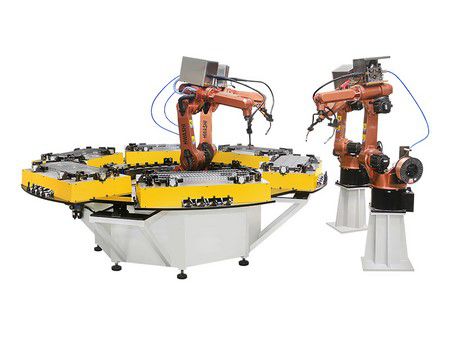 Multi-station robotic MIG welding cell for stainless steel wire shelf